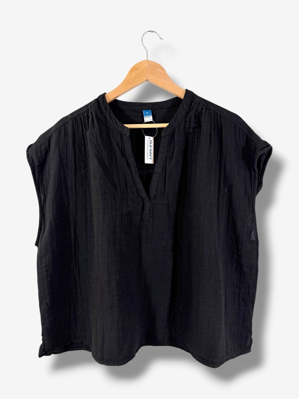 Old Navy Black V-Neck Gauze Cotton Boxy Top XL Cap Sleeve Popover Minimalist